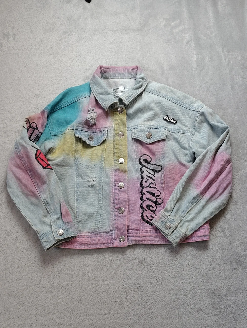 Justice Bazooka Gum Ring Pop Pastel Tie Dye 100% Cotton Denim Jacket Size 7/8